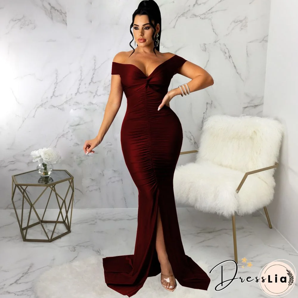 Low Cut Slash Neck Ruched Split Maxi Cocktail Dresses