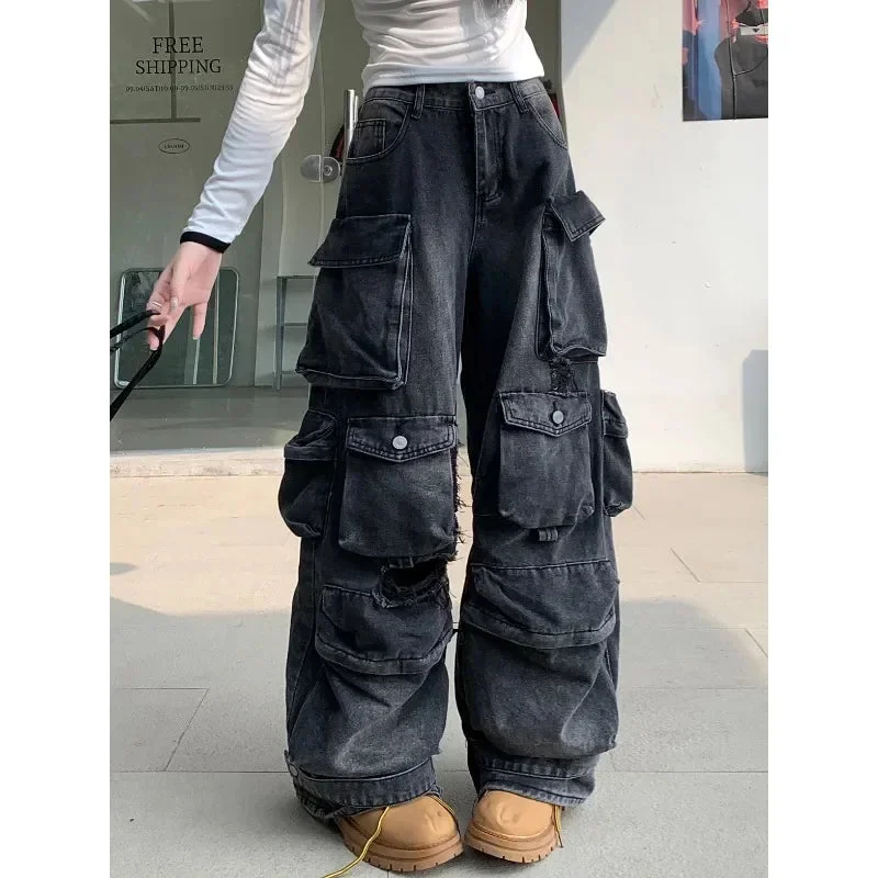 Nncharge Retro Hip-hop High Waist Straight Jeans Pants 2024 Autumn Women's Casual Y2K Grunge Streetwear Pockets Denim Trouser