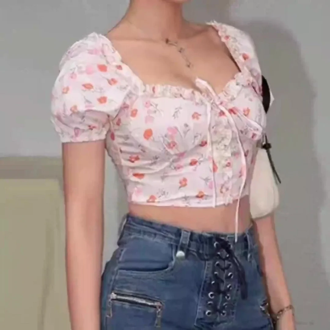 Summer Sexy Crop Top Women High Waist Ruffle Floral Blouses And Shirts Lace Up Back Zipper Short Sleeve White 2021 Fashion