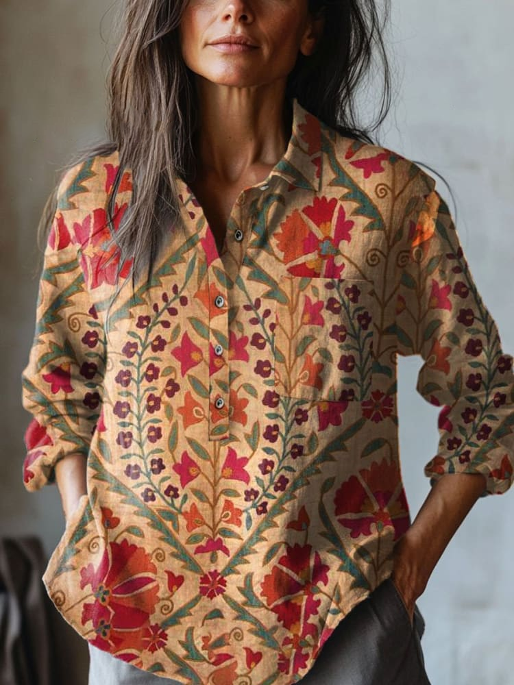 Women's Vintage Lovely Floral Art Print Casual Cotton And Linen Shirt
