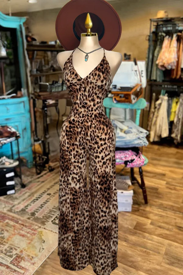 Intage Leopard Print V-Neck Jumpsuit-0520