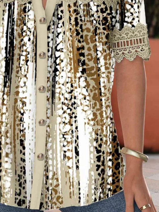 Women's Short Sleeve V-neck Lace Graphic Hollow Stitching Top