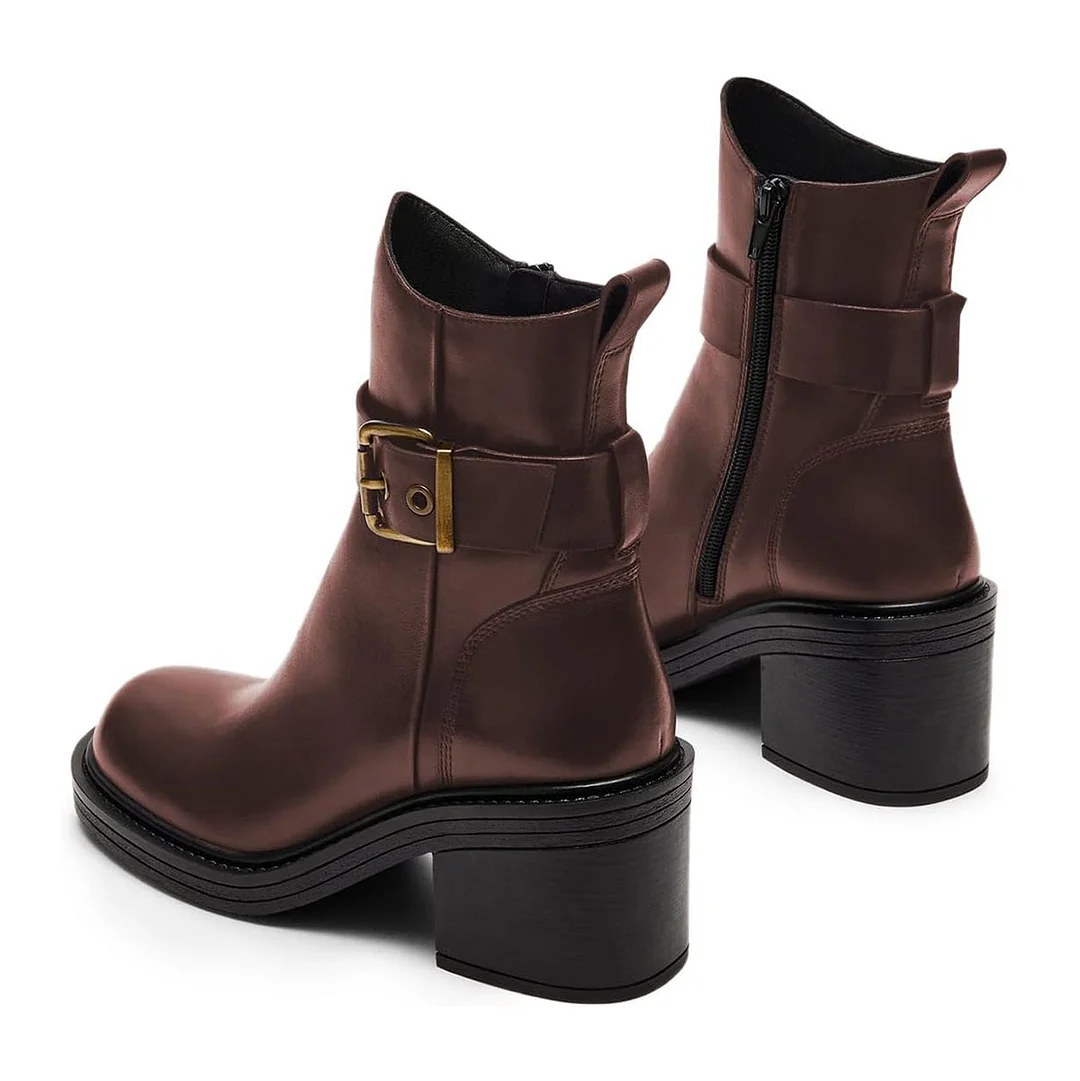 Dark Brown Vegan Leather Round Toe Buckle Inlay Block Heel Ankle Boots