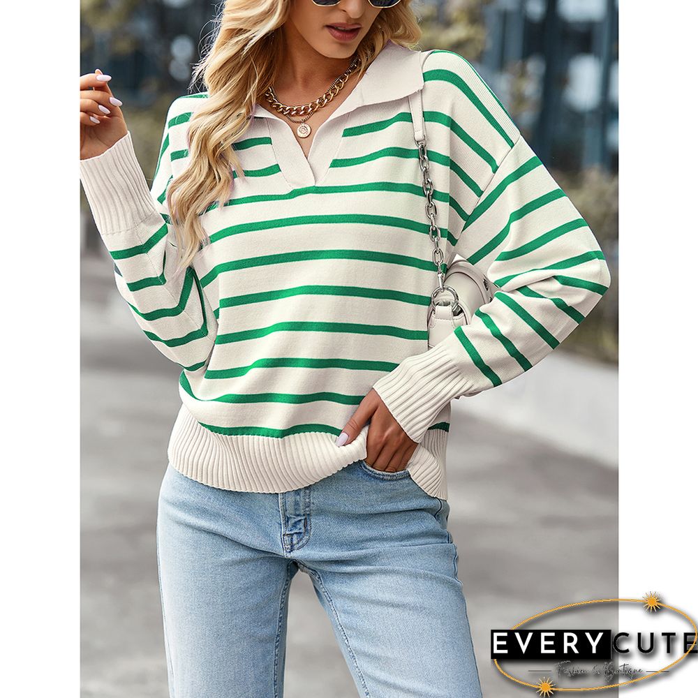 Green Striped Print Comfort Pullover Sweater Tops