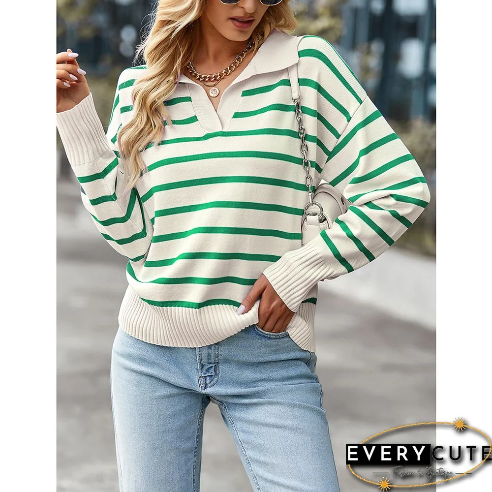 Green Striped Print Comfort Pullover Sweater Tops