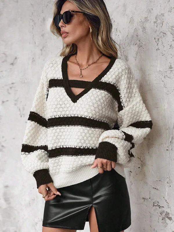 Athvotar Athvotar And Winter New Sweater Woman Loose Knitting Colliding Color V Collar Lantern Sleeves