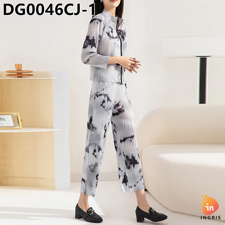 Women's Casual Stretch Printed Top Long Ankle Skirt Elegant Pleated Two Piece Set Latest Fashion Style-DG00046CJ