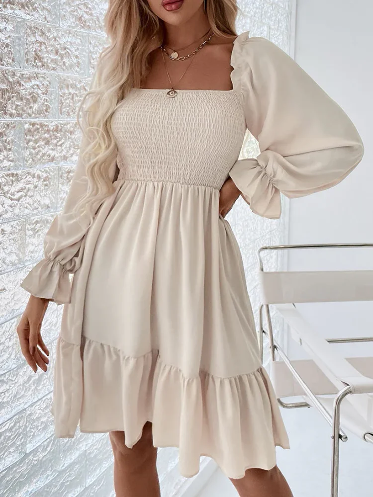 Square Neck Long Sleeve Elastic Waist Midi Dress