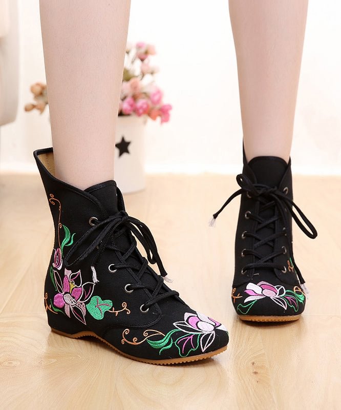 Beautiful Cross Strap Embroideried Ankle boots Black Cotton Fabric CK191- Fabulory