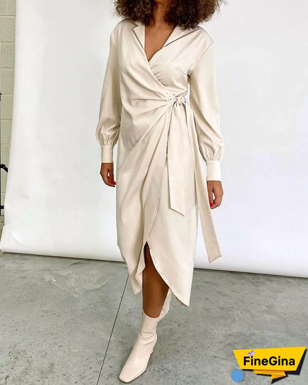 Women's Long Sleeve Wrap Lace up Midi Dress