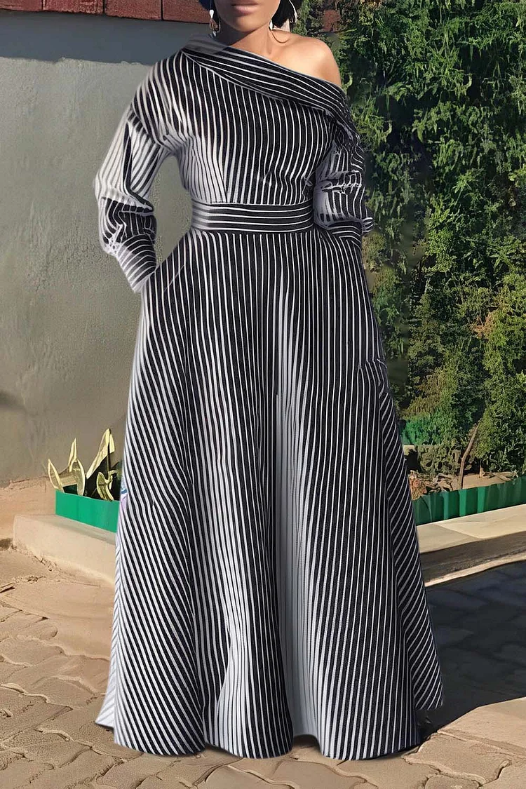 Plus Size Casual Dress Black Stripe Oblique Collar Maxi Dress With Pocket
