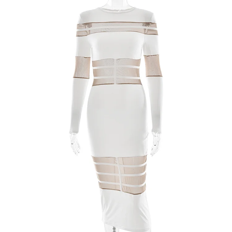 Sexy Patchwork Sheer Long Sleeve Slim Fit Dress