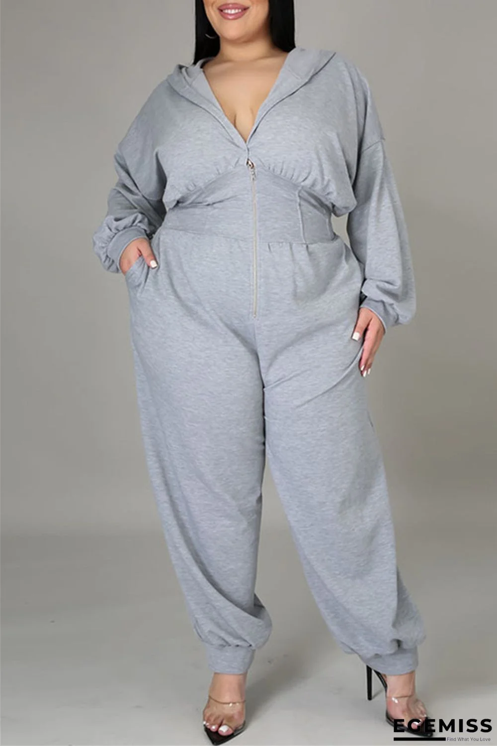 Grey Fashion Casual Print Patchwork Zipper Hooded Collar Plus Size Jumpsuits | EGEMISS