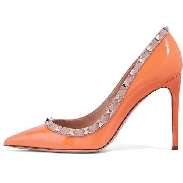 Orange Patent Leather 5-inch Stiletto Pumps with Gold Rivets Vdcoo
