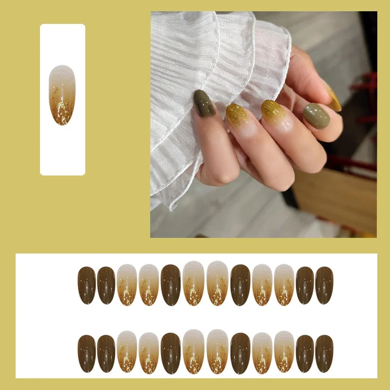 false nails short Green Solid Color with Gold Foil and Shell 3D Decoration Fake Nails Cute Bride Fake Nails Full Nail Tips-Nail Inspo