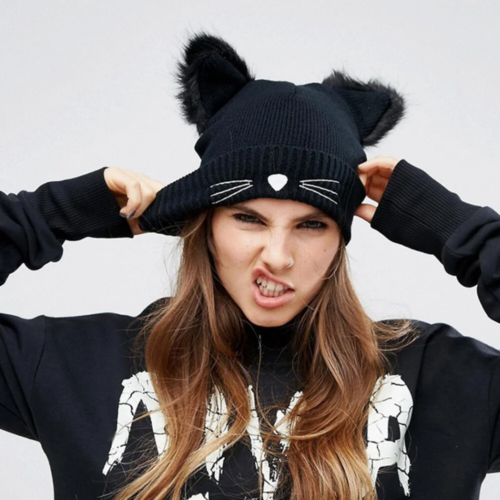Women Hats Knitted Cap Faux Fur Cat Ears Woman Beaines Winter Breathable fashion Hip-hop Gorras Hat Warm Casual Ladies Beanies