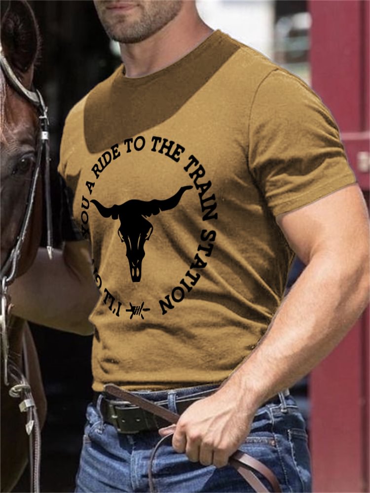 Train Station Western Bull Skull Print T Shirt