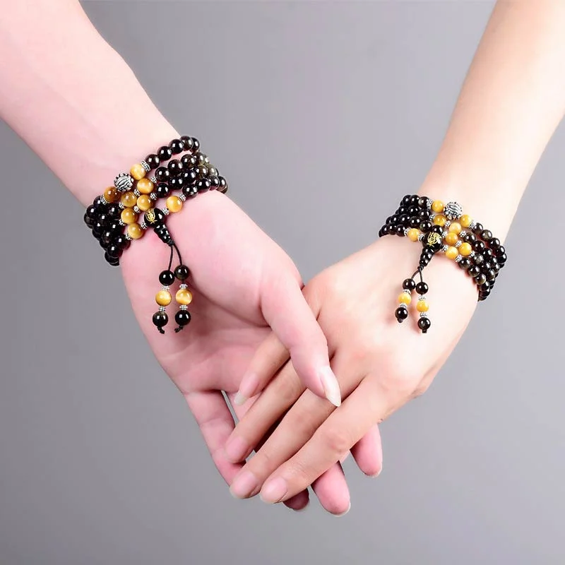 Black Obsidian Tiger Eye Lazurite 108 Beads Mala Necklace Bracelet