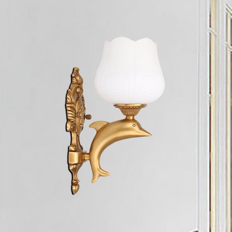 1 Bulb Petal Wall Lighting Fixture Vintage Style White Glass Wall Light with Golden Dolphin Deco