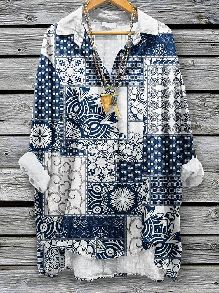 Women's Vintage Pattern Art Print Casual Cotton And Linen Shirt