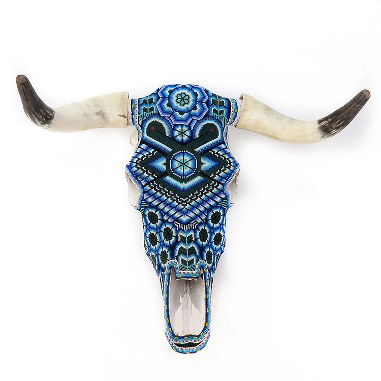 Blue & Green Huichol Bull Skull Wall Mount - Authentic Mexican Folk Art