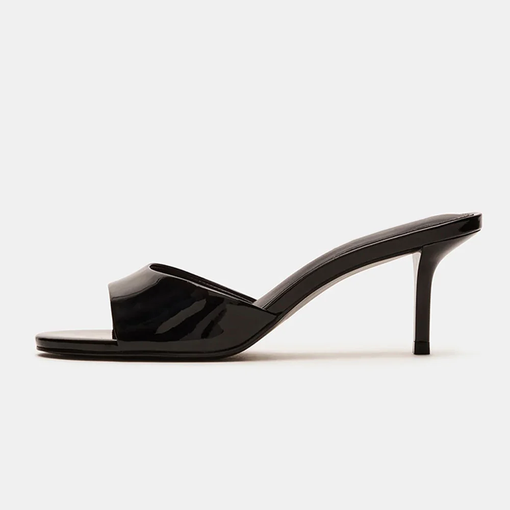 Classic Black Open Round Toe Stiletto Heel Slip On Mules Shoes