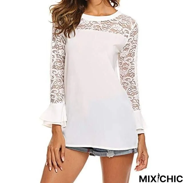 Women White Lace Chiffon Blouse Casual Tops Ruffles Blouses Shirts