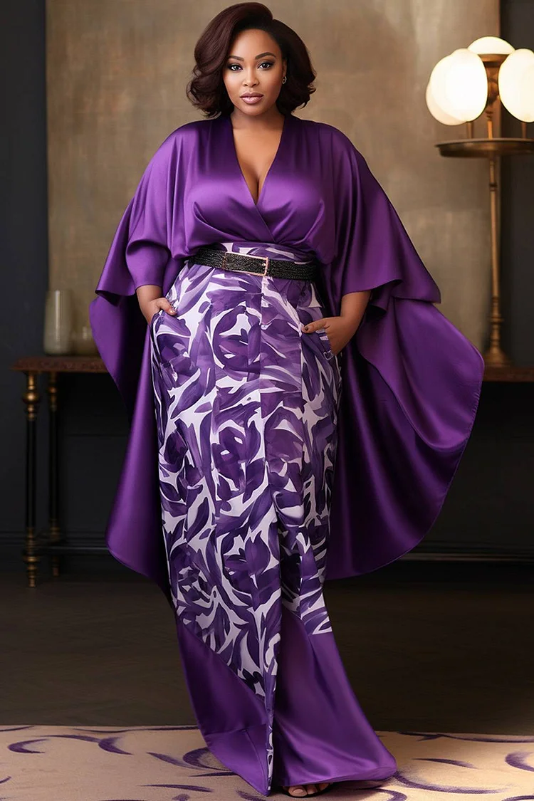 Xpluswear Design Plus Size Daily Elegant Purple Wrap Neck Pocket Satin Two Piece Skirt Sets (Without Belt)