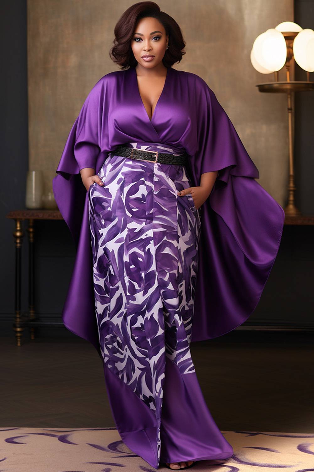 Design Plus Size Daily Elegant Purple Wrap Neck Pocket Satin Two Piece Skirt Sets (Without Belt)[Pre-Order]