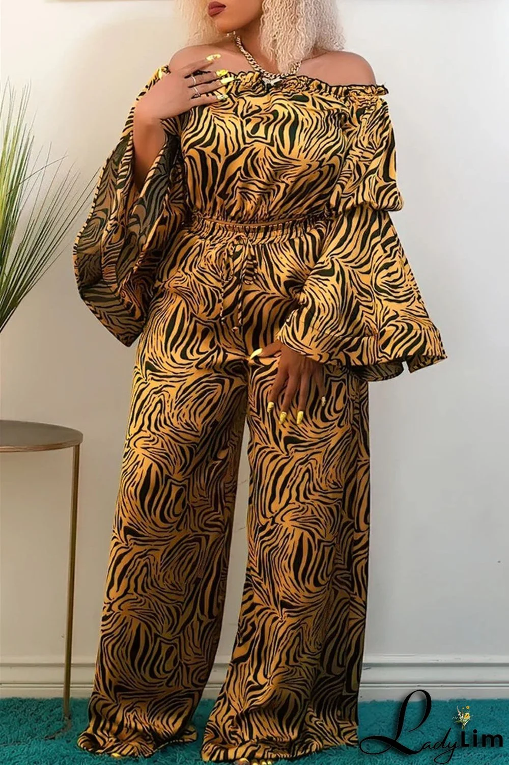 Pink Purple Fashion Casual Print Split Joint Off the Shoulder Long Sleeve Two Pieces