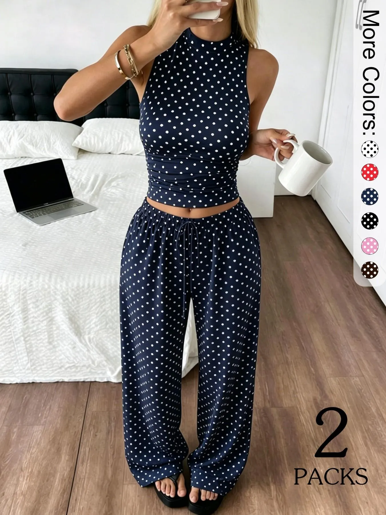 2 Pack Women's Polka Dot Loungewear Set, Sleeveless High Neck Crop Top & Wide Leg Pants, Clean Girl Style Minimalist Summer Outfits with Drop Waist, Slim Fit Lingerie Outfit for Daily Wear & Casual Lounging
