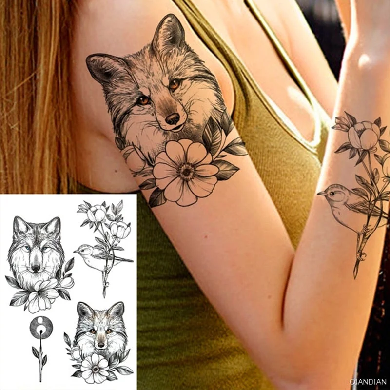 Large Tiger Lion Black Flower Fake Tattoo Sticker For Women Rose Fox BirdTemporary Tattoos DIY 3D Water Transfer Tatoos Girl Man