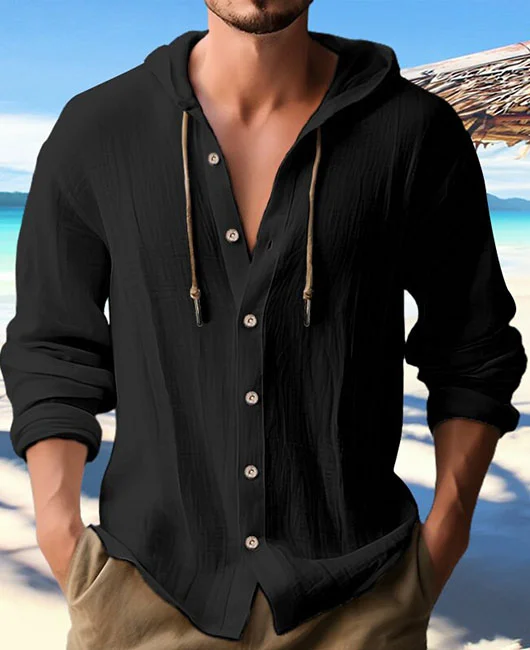 Casual Linen Single Breasted Drawstring Solid Long Sleeve Hoodie 