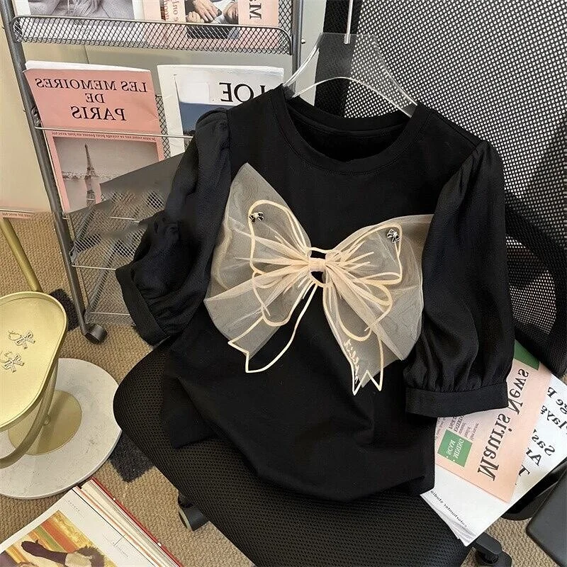 Wongn Summer Black T-shirt Women Mesh Bow Patchwork 2022 Korean Fashion Short Sleeve Tops Tshirts Graphic Tee Mujer Camisetas