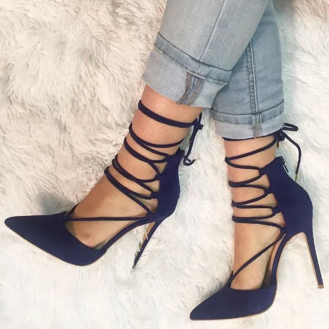 Custom Made Navy Blue Pointed Toe Lace Up Heels |FSJ Shoes