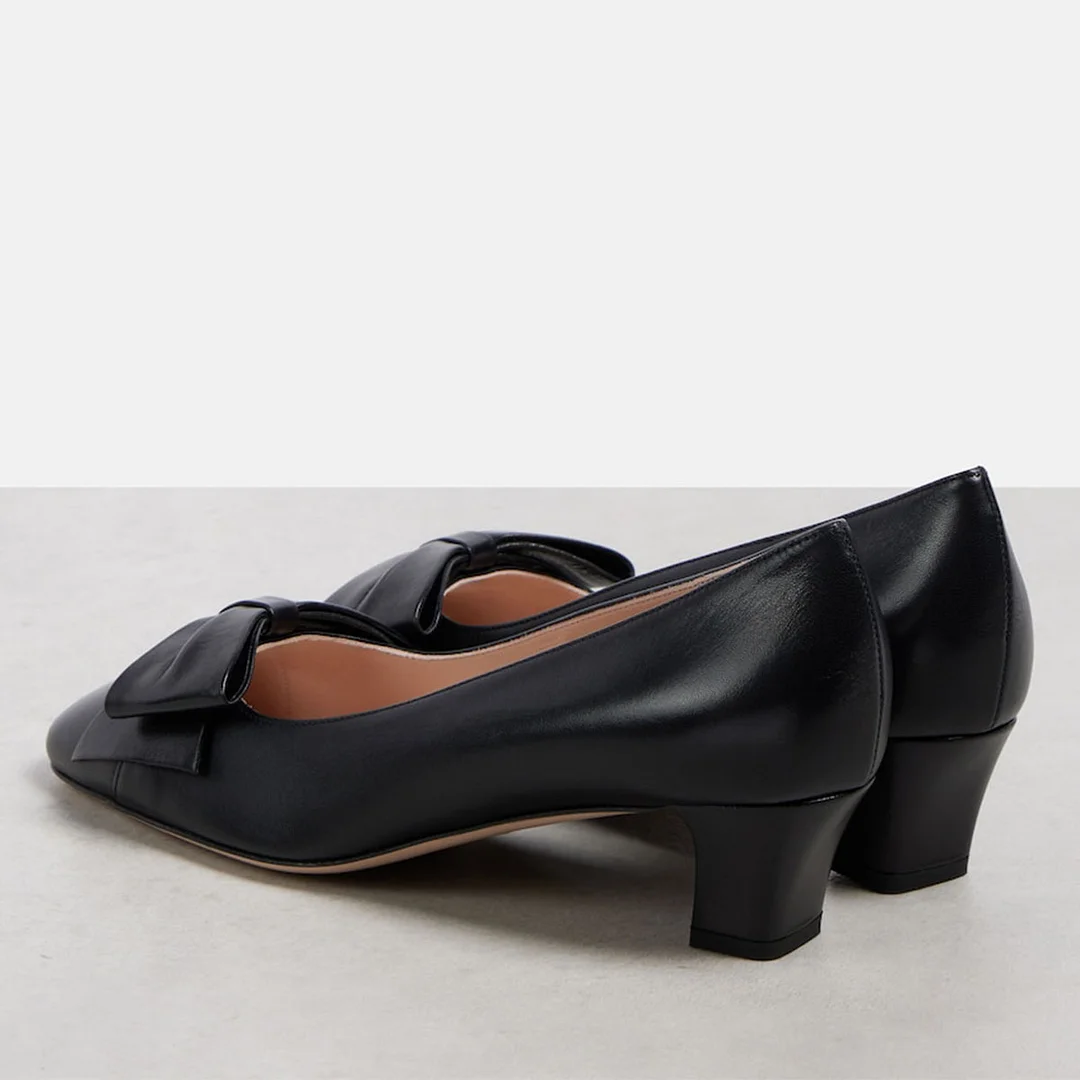 Classic Black Vegan Leather Square Toe Bow Chunky Heel Pumps for Women