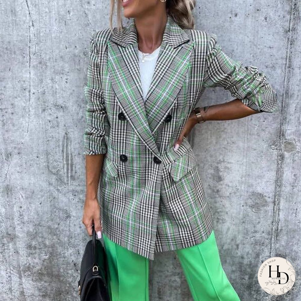 Womens Elegant Commute Street Blazer Fashion Casual Loose Ladies Plaid Print Coat Fall