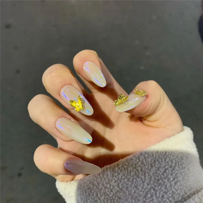 24pcs White Butterfly False Nail Patch Glue Type Removable Long Paragraph Fashion Manicure Coffin Fake Nail Patch Ballerina Art-Nail Inspo