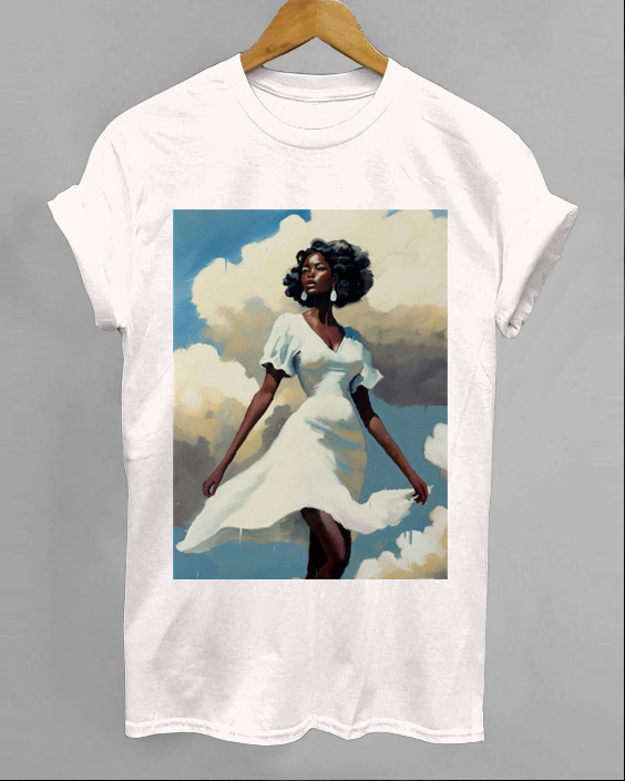 Blue Sky And Black Girl Round Neck Printed T-Shirt