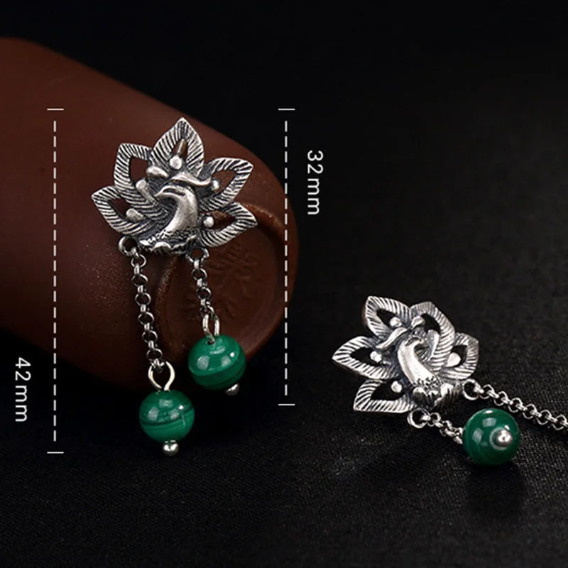 990 Sterling Silver Malachite Phoenix Peony Flower Bead Protection Drop Earrings