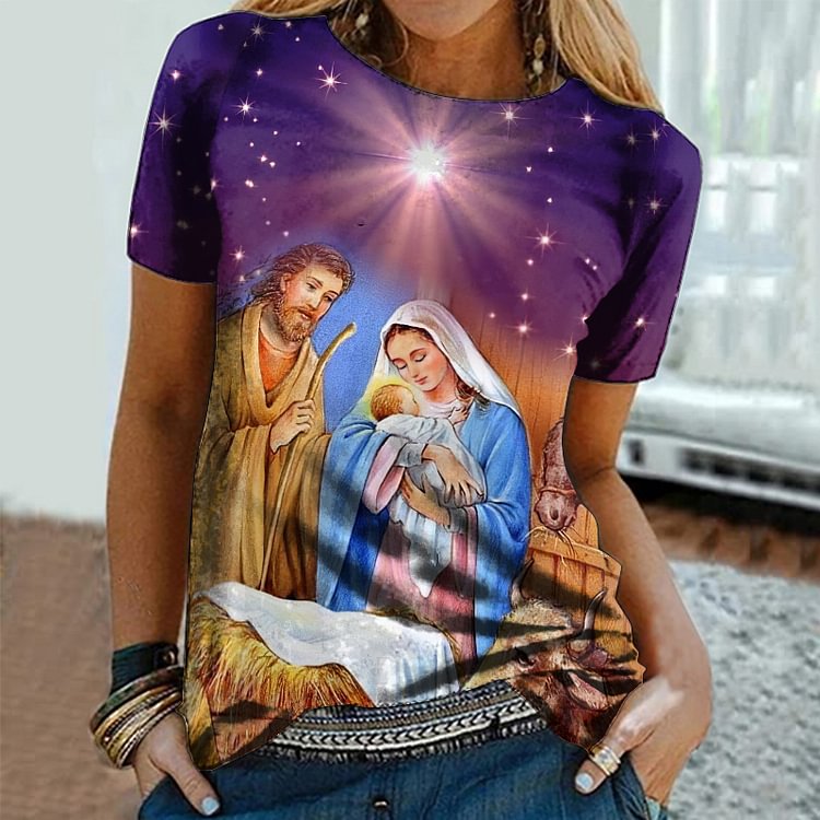 BrosWear Nativity Oil Painting Print T-Shirt