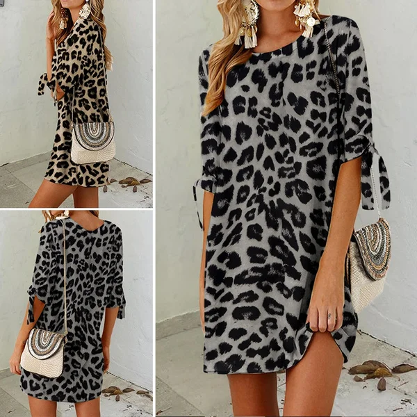 Animal Print Summer Fashion Womens Half Sleeve Leopard Printed Dress Casual Floral Print Mini Dress Plus Size