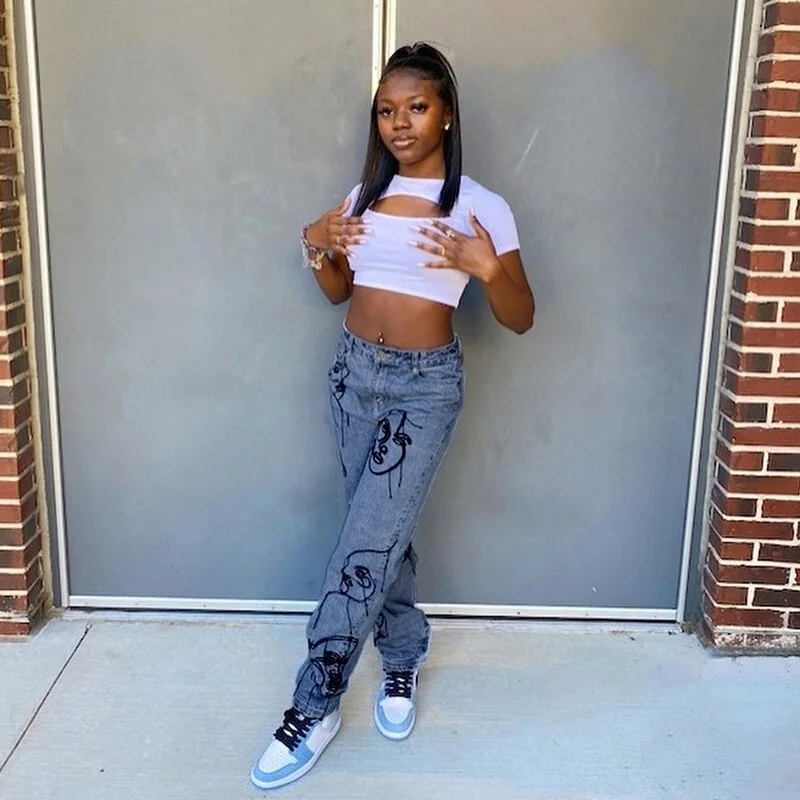 BIIKPIIK Women Casual Jeans Basic Streetwear Female Print 2021 Summer Fashion Clothes Mid Waist Long Pants Vintage Clothing