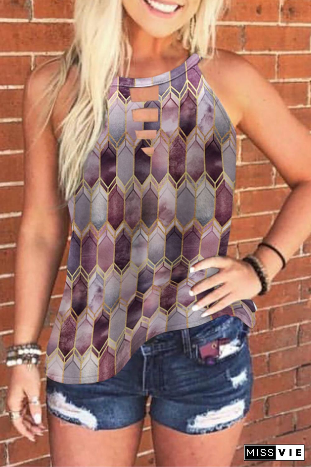 Geometric Pattern Halter Cutout Vest