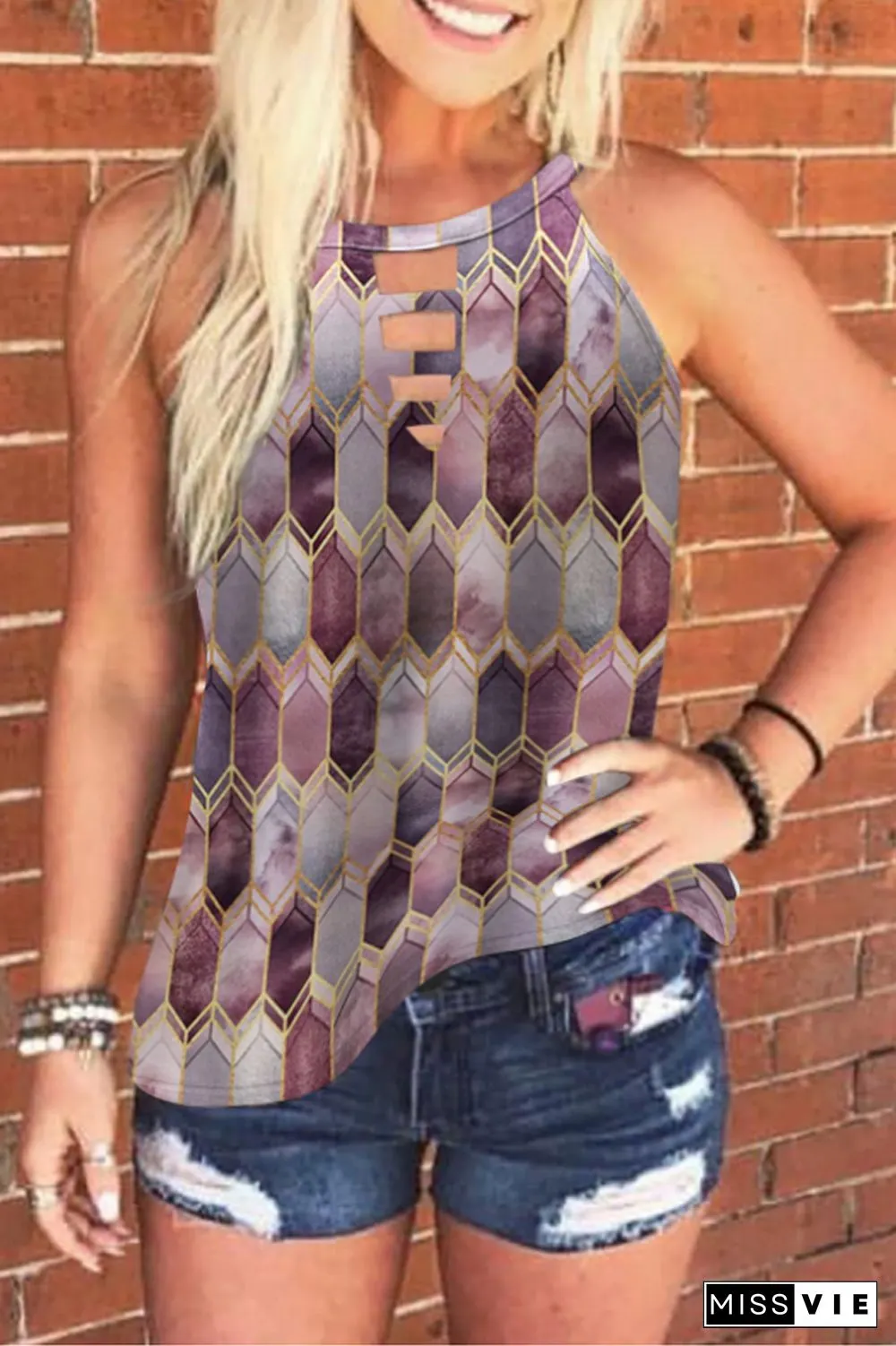 Geometric Pattern Halter Cutout Vest
