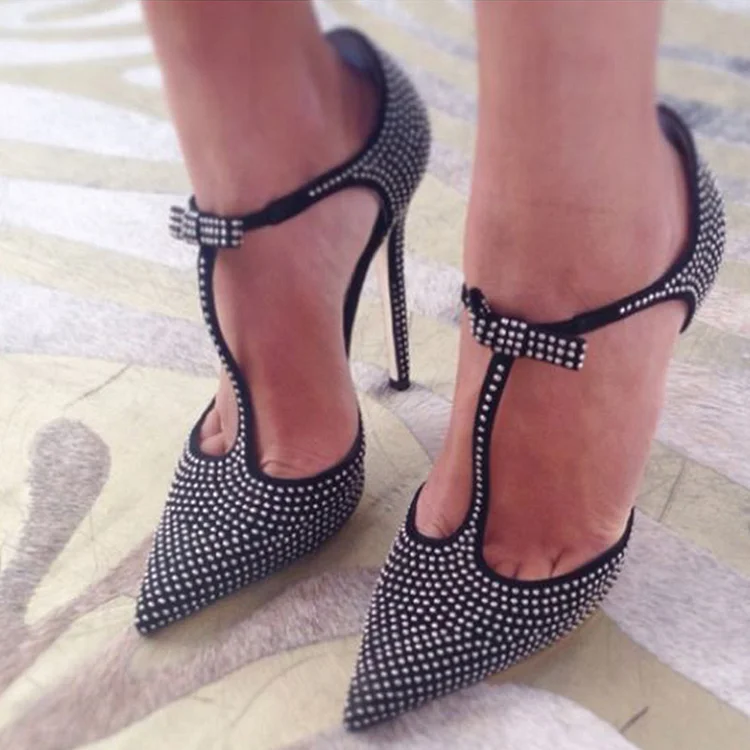 Pointed Toe Rhinestone Heels Elegant Stiletto Party Shoes T-strap Wedding Pumps |FSJ Shoes