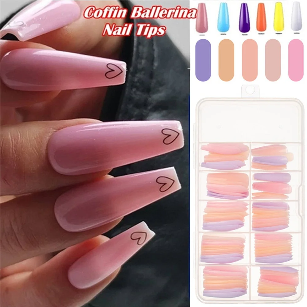 100Pcs Colorful Acrylic False Long Coffin Nails Fake Nails Flat Shape Art Tips Natural Full Cover Fake Nail Tips Manicure Tools-Nail Inspo