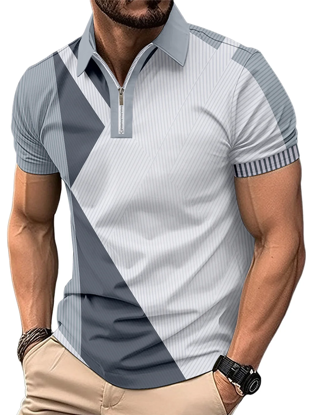 Men's Lapel Color Block Geometric POLO Shirt