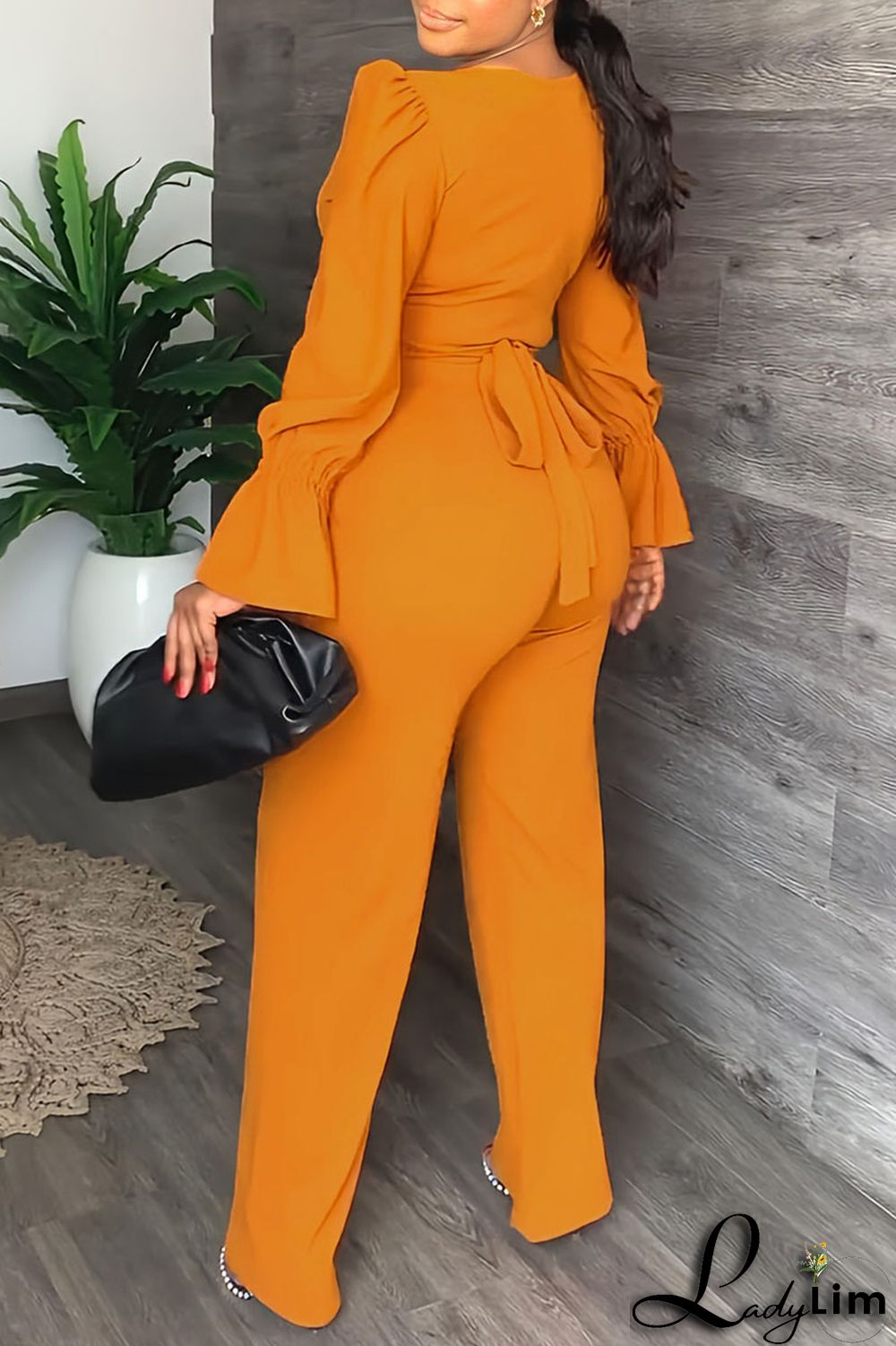 Tangerine Casual Solid Patchwork V Neck Long Sleeve Two Pieces