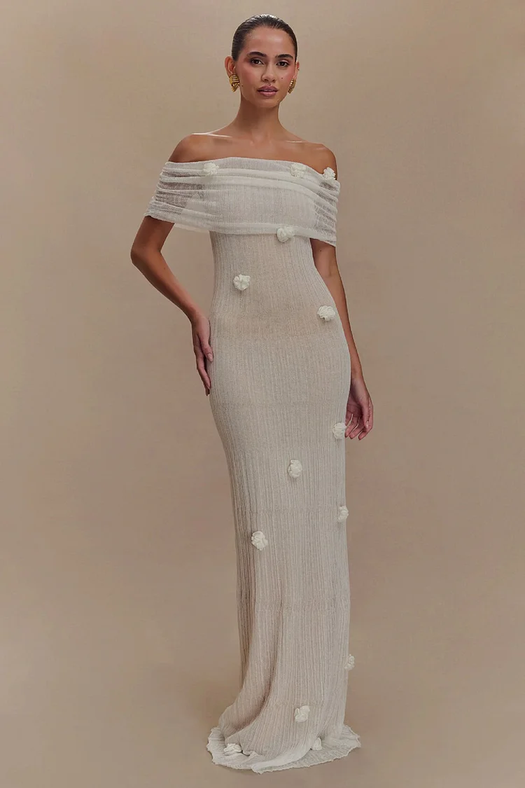 Off Shoulder Slim Fit 3D Flower Decor Knit Maxi Dresses-White